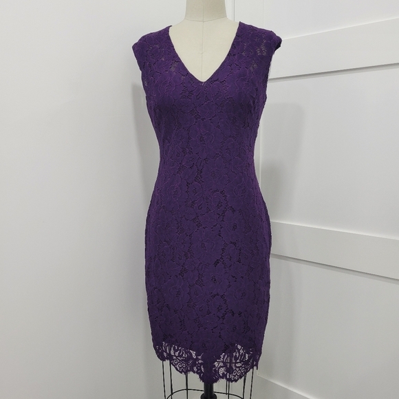 Lauren Ralph Lauren Women's Purple Lace V-neck Sheath Dress Size 4 - Picture 3 of 13